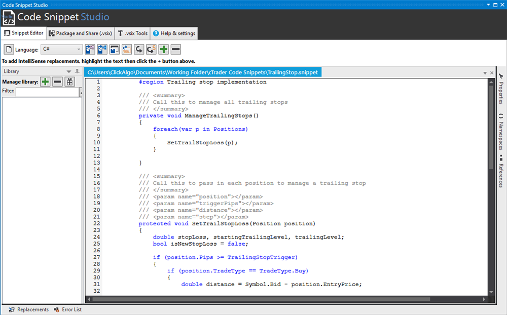 cTrader - Visual Studio 2015 Code Snippets