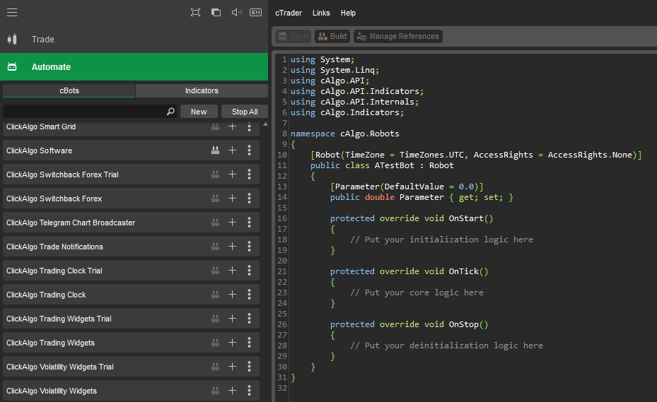 cTrader C# Code Editor