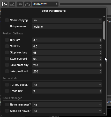 cTrader cBot Optimisation Settings