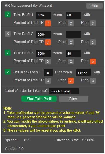 cTrader take profit targets