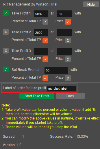 cTrader take profit targets