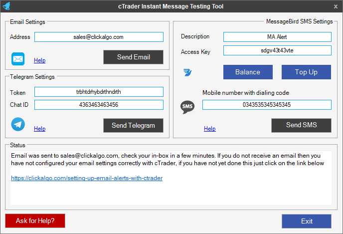 ctrader sms text setup tool